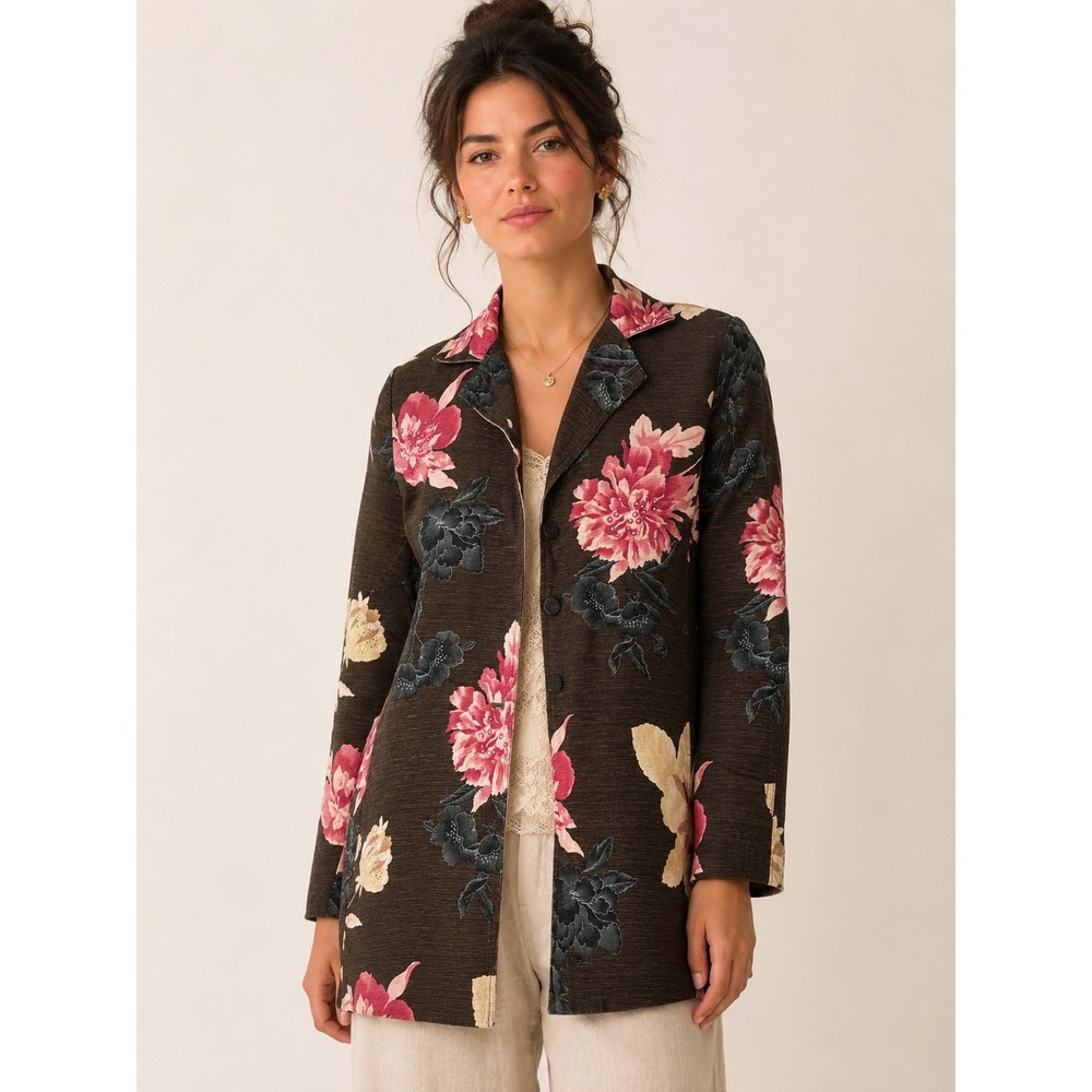Silk Land Women Brown Pink Floral 100% Silk Longline Blazer Jacket Size Medium